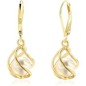 Gold-Plated Caged Pearl Drop Earrings – Lightweight, Hypoallergenic